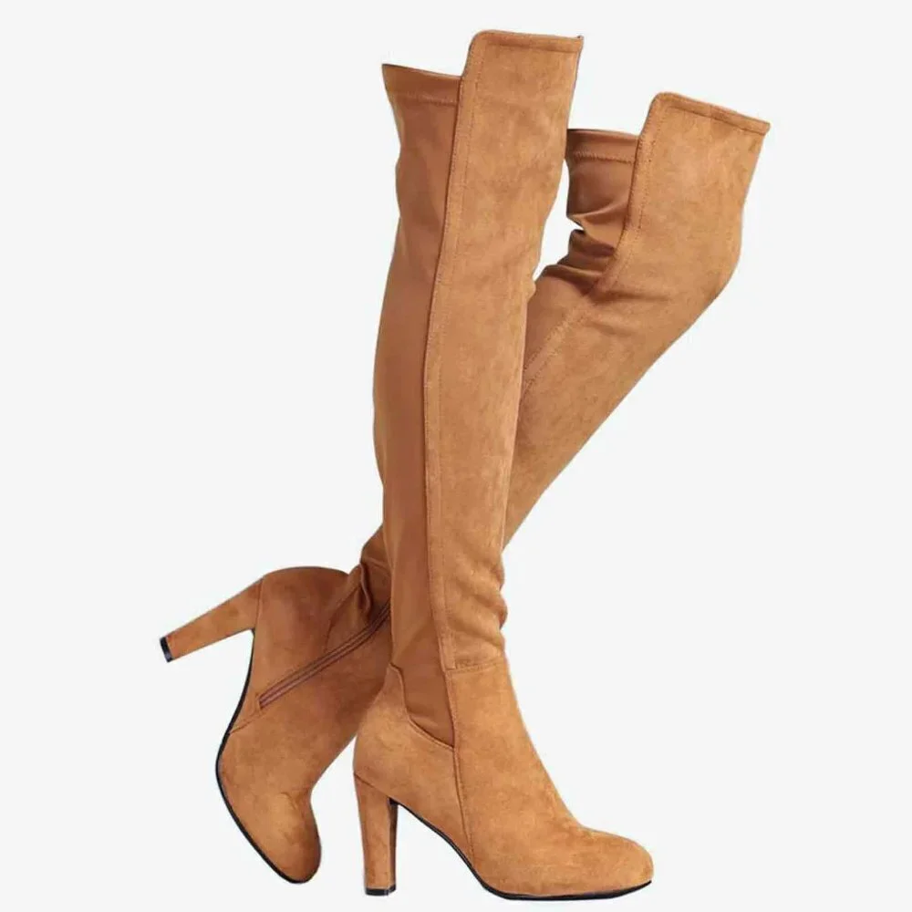 New! ShoeNTale Faux Suede Chunky Heel Boots in Light Brown, Size 9.5